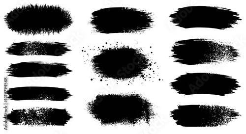 Ink brushstroke and paintbrush template with splashes grunge. Vector set black ink brush stroke. Dirty artistic design elements. Grunge splatter, dirt stain. Vector ink box