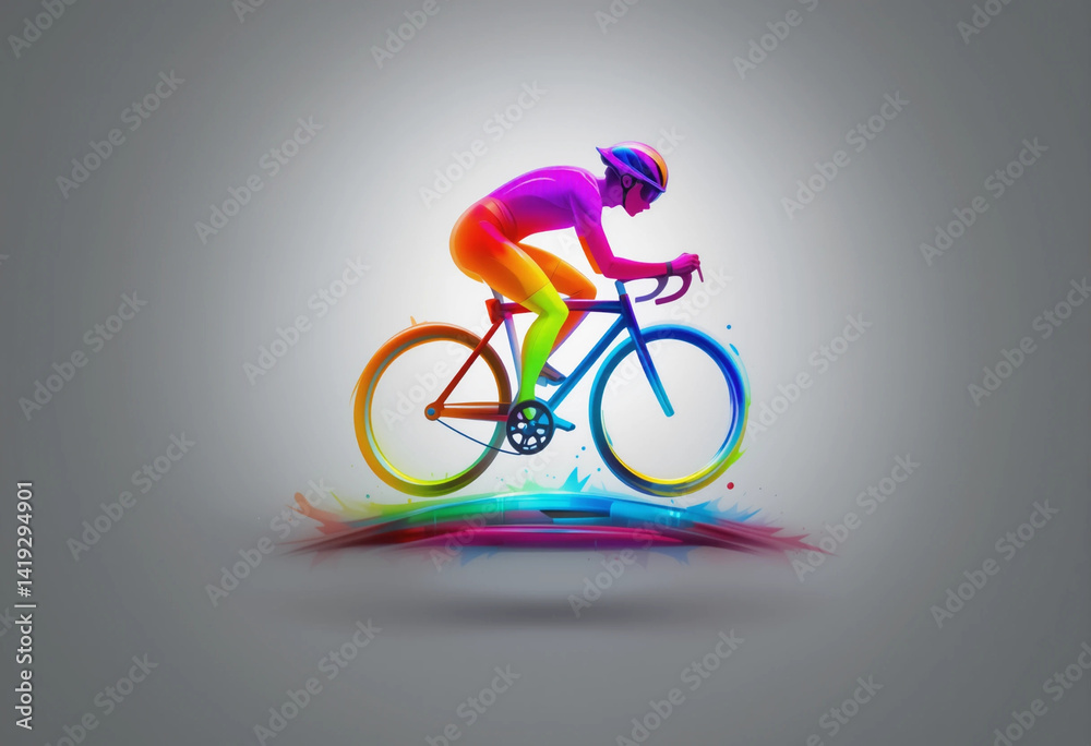 Fototapeta premium A man is riding a bicycle with a rainbow colored frame
