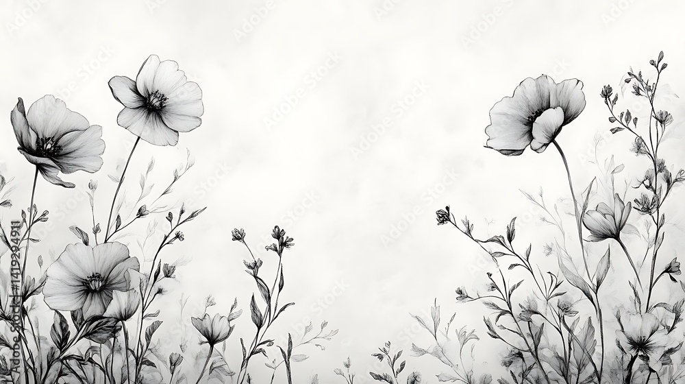 Vertical page layout featuring simple grayscale floral borders in ink, hand-drawn style, off-white textured background, soft vignette lighting effect. Created Using: traditional botanical penwork,