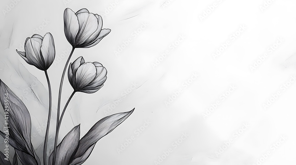 Book page layout with minimalist black tulip linework climbing vertically from corners, clean white backdrop with faint texture. Negative space composition. Created Using: vector botanical sketches,
