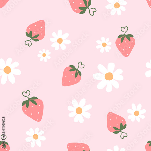 Seamless pattern of strawberry with heart shape branches and white flower on pink background vector.