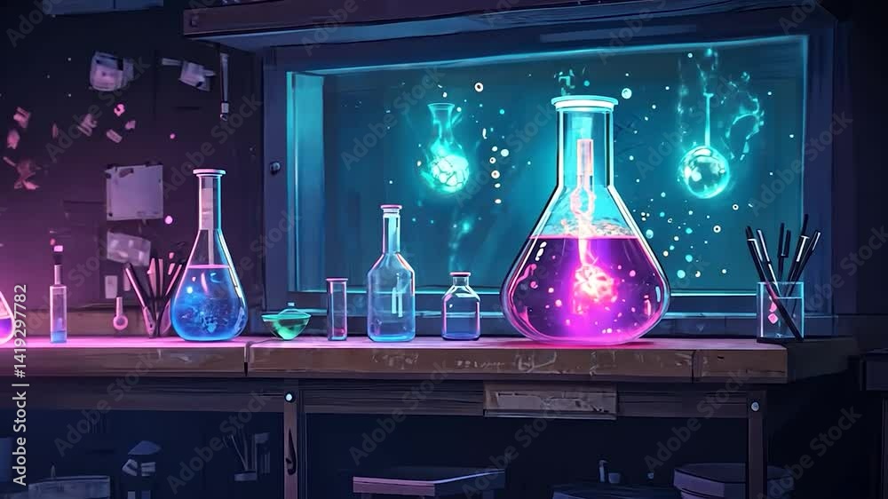 Mystical lab experiment glows with colorful liquids