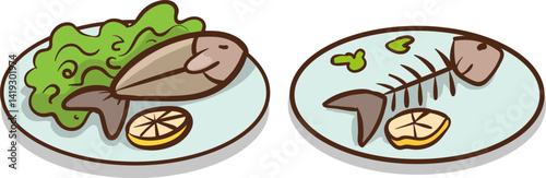 Vector illustration of fish and salad on a plate on a white background with an eaten fish on the plate next to it.
