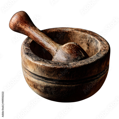 Wooden mortar and pestle isolated on black background, top view --v 7.0