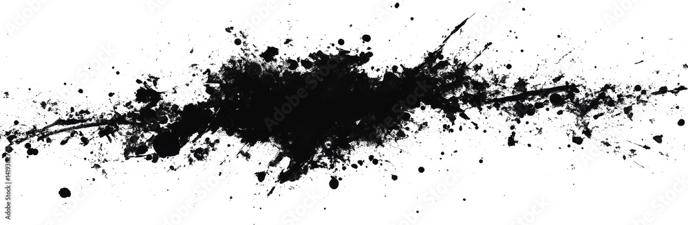Fototapeta premium Abstract black ink spray splatter creating dynamic patterns on a white background