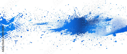 Bold abstract blue ink splatter with halftone dot effect on a white background