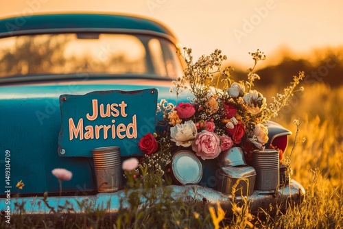 Just Married sign with flowers on vintage car in sunset field  