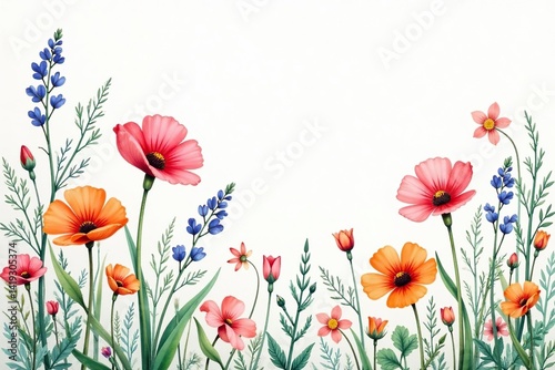 Delicate watercolor wildflowers, forming a continuous all-over print , delicate, countryside, surface pattern
