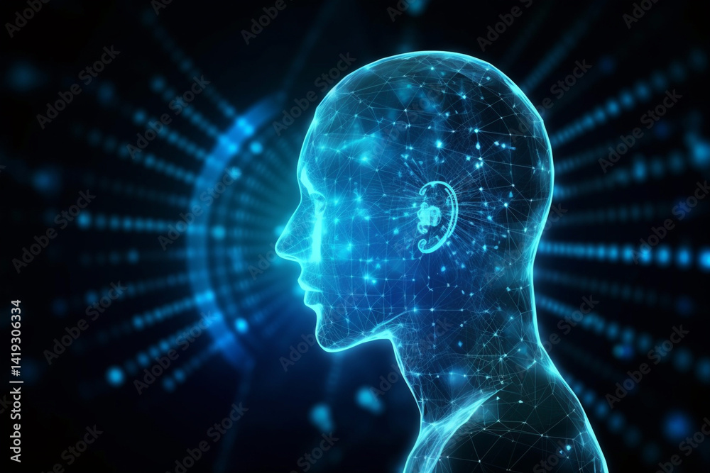 Futuristic Human Head Outline Surrounded by Radiating Data Points
Futuristic Human Head Outline Surrounded by Radiating Data Points