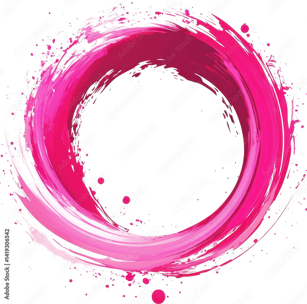 A vibrant pink ink splash forms a swirling circular pattern on a white background