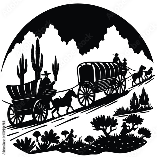 Silhouette of Covered Wagons on the Oregon Trail: Western Pioneer Life, Black and White Illustration, American History, Travel, Desert Landscape