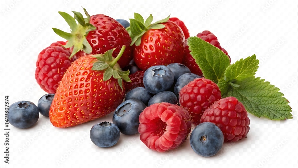Fresh Strawberries Raspberries And Blueberries With Mint Leaves On White Background Fresh Strawberries Raspberries And Blueberries With Mint Leaves On White Background