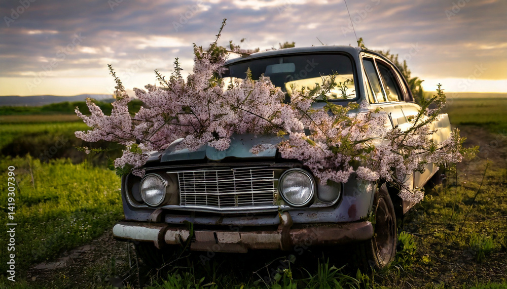Fototapeta premium Vintage Car Adorned with Blossoming Branches in a Field at Sunset