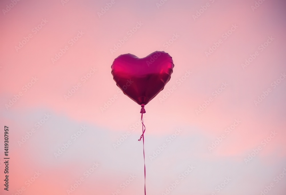 Fototapeta premium Pink Heart Shaped Balloon Floating in a Pastel Sky Romantic and Serene Image