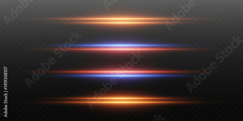 Set of light line effects, laser beam, neon flare.