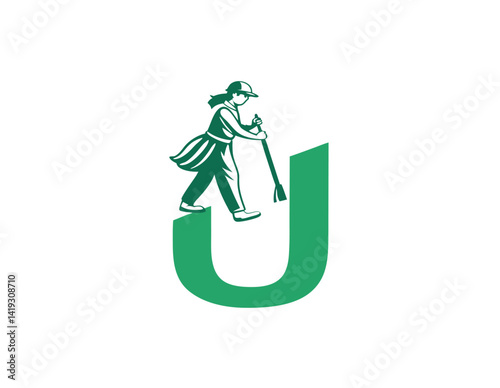 Green minimalist logo, stylized letter U, silhouette of golfer mid-swing, negative space design, single color illustration, sports branding, golf club icon, dynamic pose, retro style graphic, clean li