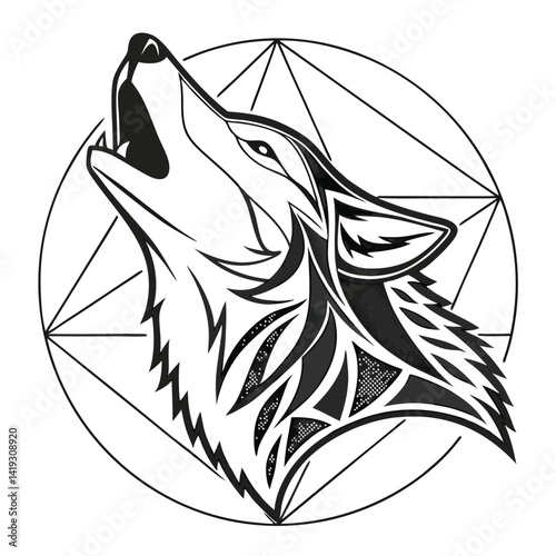 Geometric wolf head, howling wolf illustration, black and white artwork, pentagram design, sharp angular lines, tribal style, minimalist wolf logo, spiritual animal symbol, mystical canine drawing, sa