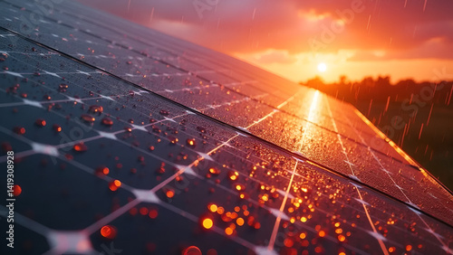 Solar Panels Under a Rainy Sunset – Sustainable Energy in a Stormy Landscape
 photo