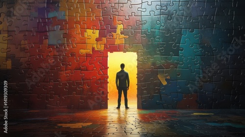 Man standing at bright doorway in vibrant puzzle wall: concept of opportunity and new beginnings