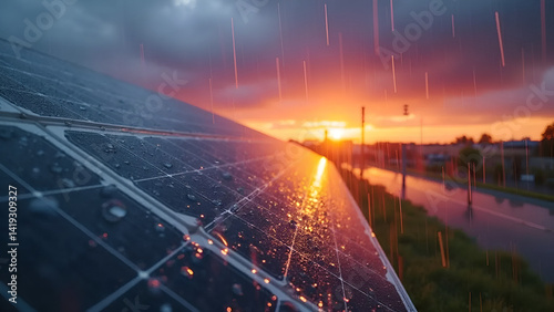 Solar Panels Under a Rainy Sunset – Sustainable Energy in a Stormy Landscape
 photo