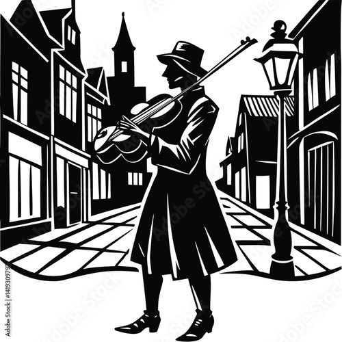 Black and White Illustration of a Violinist in a City Street: Vintage Style Image of a Musician Playing Violin, Street Scene Artwork