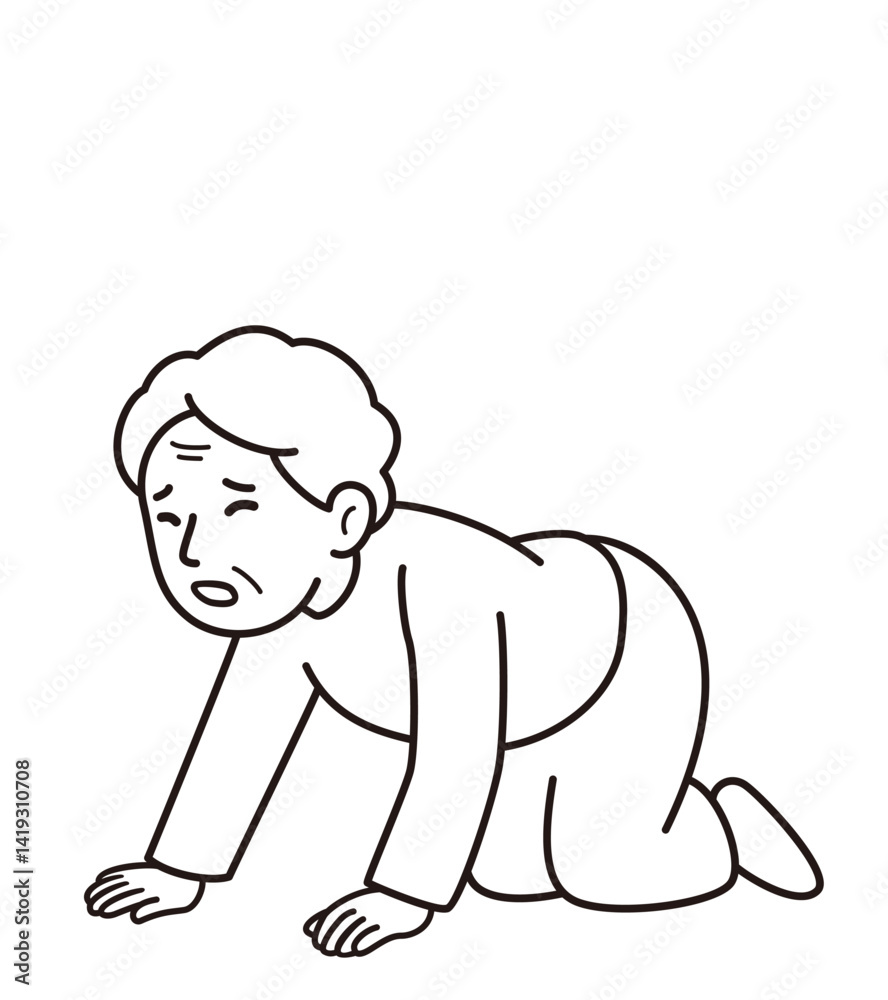 Obraz premium 転倒して膝折れして痛そうに四つん這いになったおばあさんのモノクロベクターイラスト(A monochrome vector illustration of an elderly woman falling, collapsing onto her knees, and appearing to be in pain on all fours)