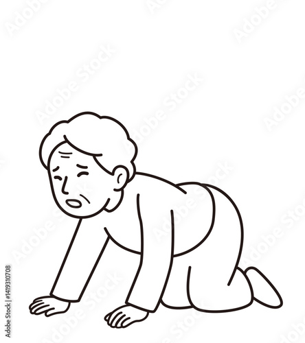転倒して膝折れして痛そうに四つん這いになったおばあさんのモノクロベクターイラスト(A monochrome vector illustration of an elderly woman falling, collapsing onto her knees, and appearing to be in pain on all fours)