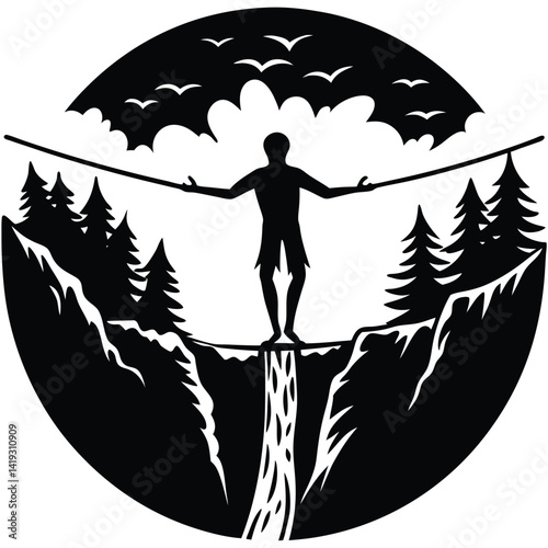 Silhouette Art: Man Balancing on Rope Over Waterfall, Nature Landscape, Trees, Birds, Adventure, Risk, Black and White Design