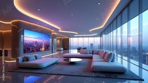 Futuristic pod bedroom with neon accents and minimal furniture.