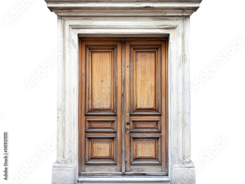 Antique Wooden Double Door Entrance in Classic Stone Frame: Architectural Detail and Vintage Charm