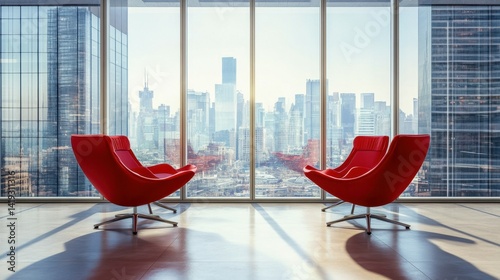 Modern office interior with red chairs and large windows showing cityscape