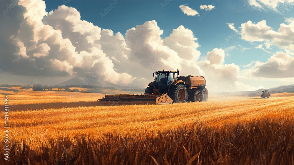 Fototapeta premium Tractor harvesting wheat in golden field under a cloudy sky agricultural work