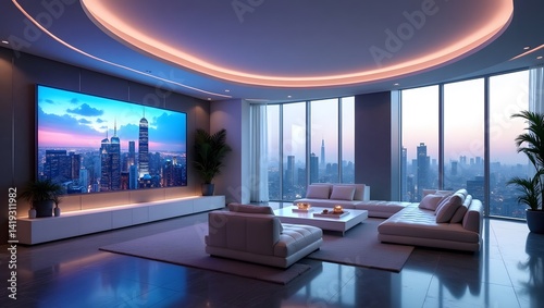 Obraz na płótnie Futuristic pod bedroom with neon accents and minimal furniture. w salonie