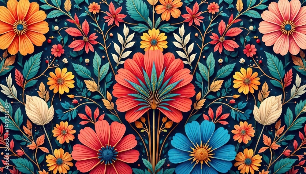 Intricate floral motifs within a bold geometric grid , grid, modern Intricate floral motifs within a bold geometric grid , grid, modern