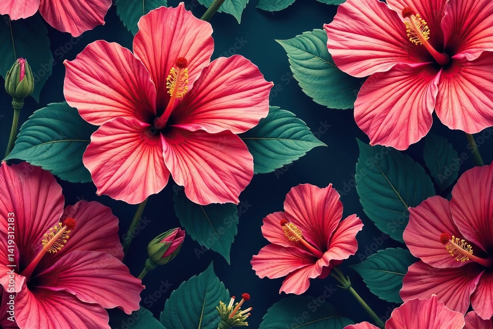 custom made wallpaper toronto digitalIntricate hibiscus flower details, seamless repeat, bold colors , orange, colorful
