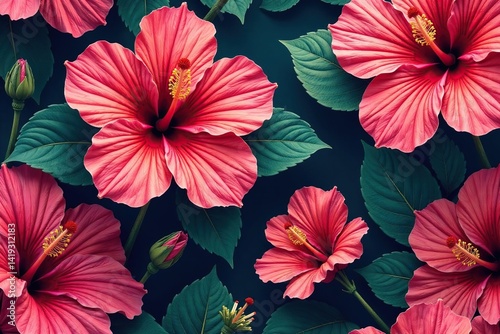 Wallpaper Mural Intricate hibiscus flower details, seamless repeat, bold colors , orange, colorful Torontodigital.ca