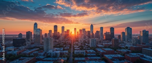 Urban skyline at sunset wide angle panoramic view horizontal symmetric background