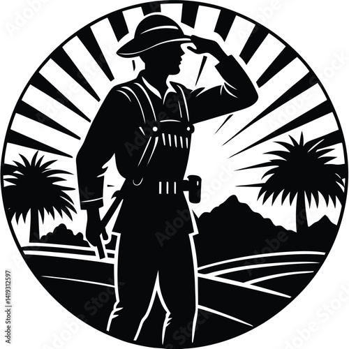 Silhouette of ANZAC Soldier Saluting at Dawn: Vector Illustration of Australian or New Zealand Army Corps in Retro Style