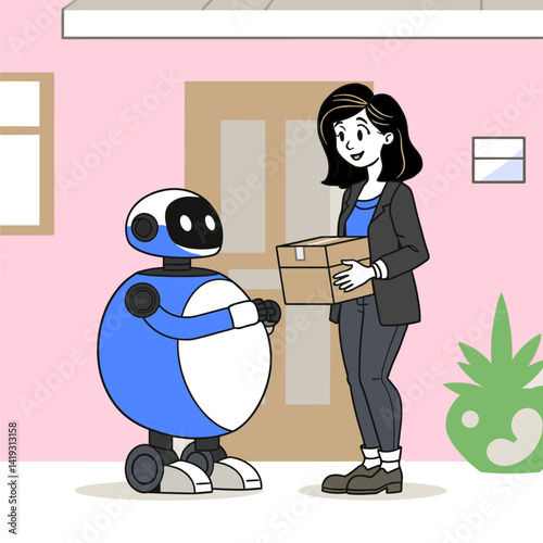 Robot handing a package to a woman in an indoor setting.