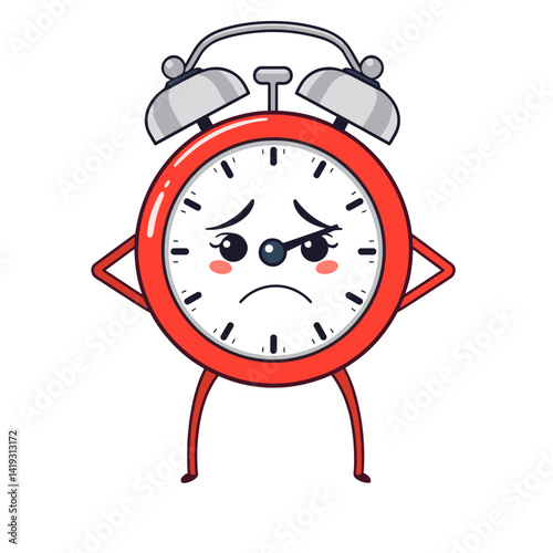 Angry red alarm clock with arms crossed and ringing bells.