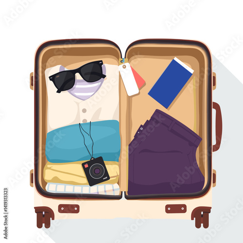 Open suitcase with travel clothes, camera, sunglasses, and passport.
