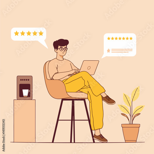 Man working on laptop with coffee, rating stars above him.