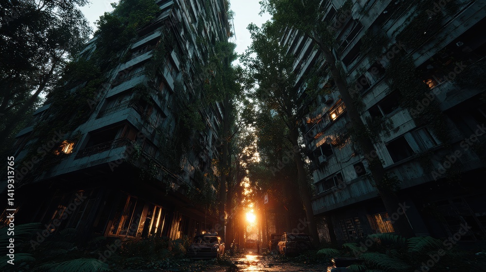 Naklejka premium An abandoned city overtaken by nature, trees growing through buildings, vines covering skyscrapers, animals roaming freely. Misty sunrise with golden light breaking through the ruins.