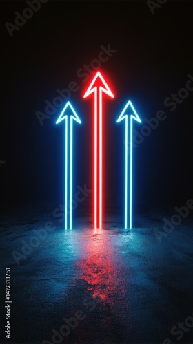 Three glowing arrows, one red and the other two blue, point sharply upward, painfully contrasting against a dark backdrop, symbolizing the essence of progress and clear direction in life