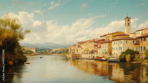 Tuscany in 1900. A peaceful river with city landmarks