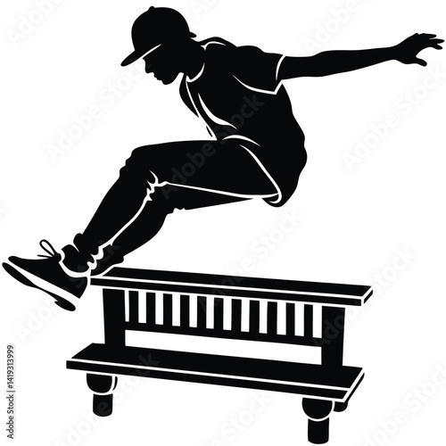 Silhouette of a Parkour Athlete Jumping Over a Bench: Urban Sports Vector Illustration for Design Projects and Creative Content