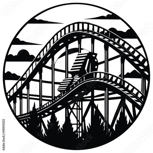 Black and White Roller Coaster Illustration: Thrilling Ride, Amusement Park, Vector Graphic, High-Speed Adventure, Theme Park Excitement