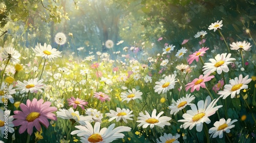 Meadow with lots of white and pink spring daisy flowers and yellow dandelions in sunny day