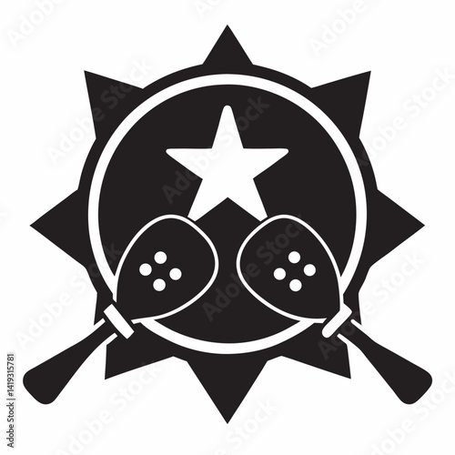 Monochrome silhouette graphic with maracas and starburst motif design