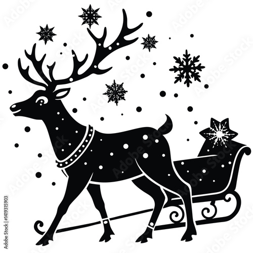 Black and White Christmas Reindeer Pulling Sleigh with Snowflakes Vector Illustration - Holiday Graphic Design Element